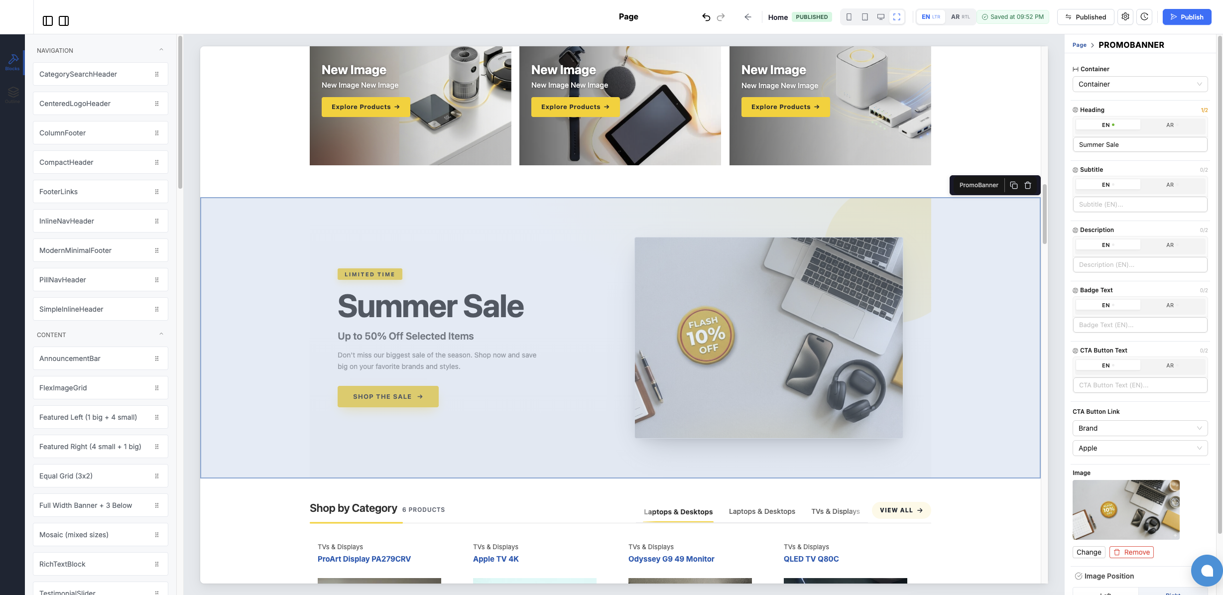 The CartQu editor building a storefront homepage — block library on the left, live canvas in the center, block settings on the right.